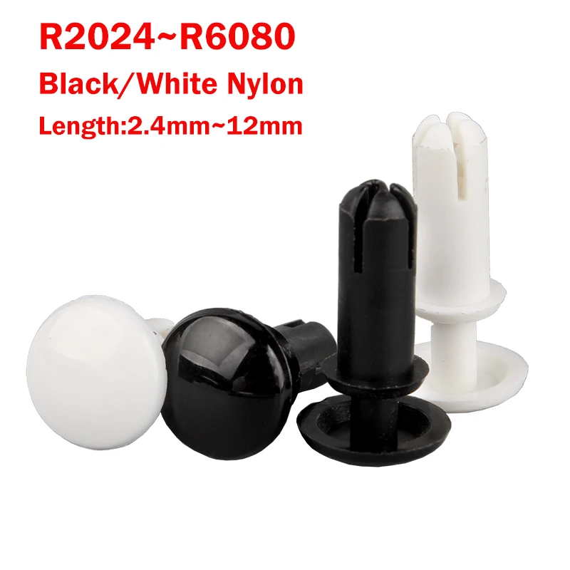 R2024~R6080 Black/White Nylon Rivets Clips R Type Plastic Press Rivet Screw Push-Type Retainer Screw for PC Board Fix