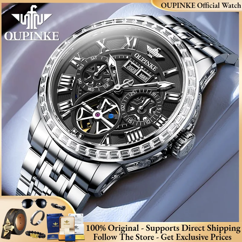 

OUPINKE 3252 Men Watch All Automatic Mechanical Watch Luxury Multi functional Date Week Watch Diamond bezel Hollow Men Watch