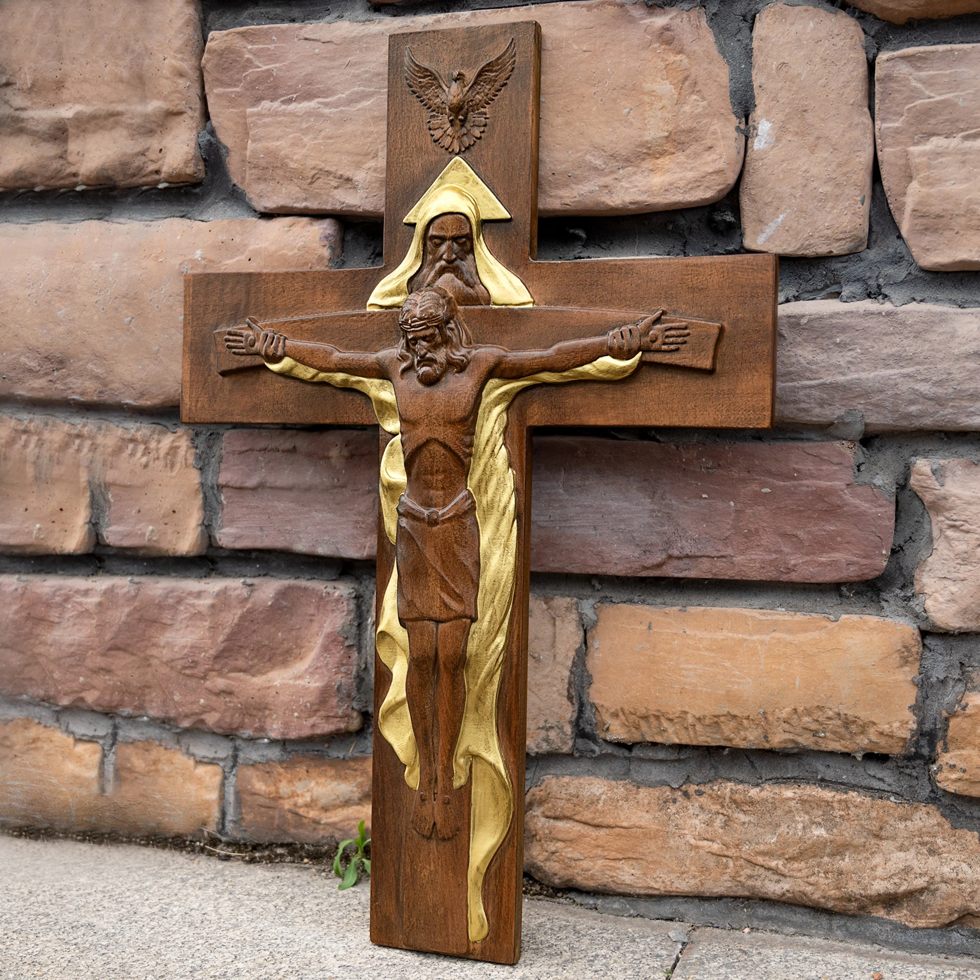 Vintage Holy Trinity Wood Carving Crucifix, Holy Spirit Dove Wooden Wall Cross, Catholic Religious Art Wall Hanging Decor for Pr