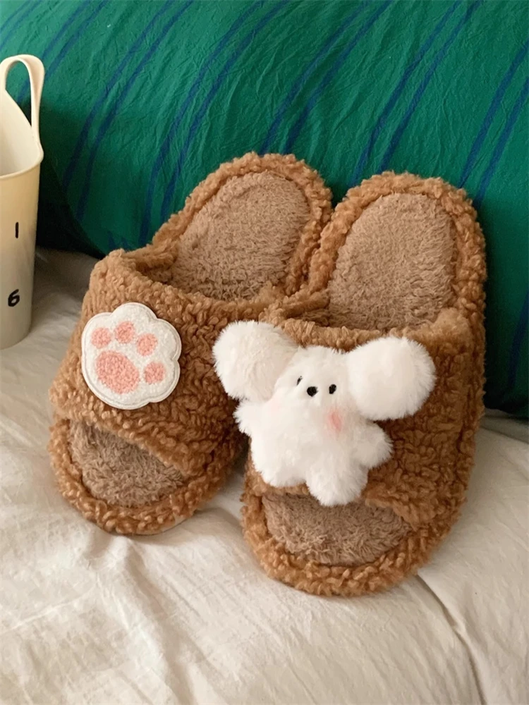 

Plush Bunny Fluffy Slippers For Female Winter Casual Home Slippers Cute Fun Indoor Household Cotton Slippers