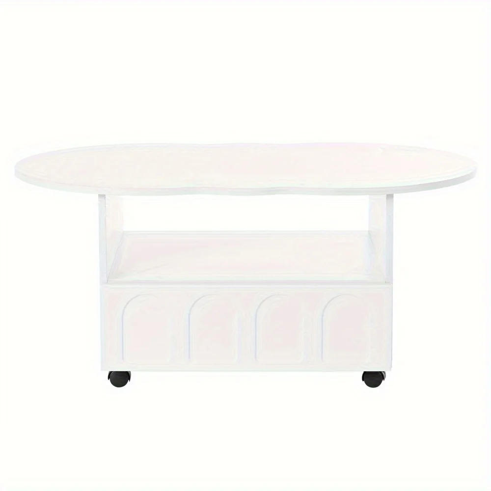 Modern minimalista creme estilo mesa de café, 2 rodas laterais gavetas, mesa central irregular, adequado para sala de estar, branco