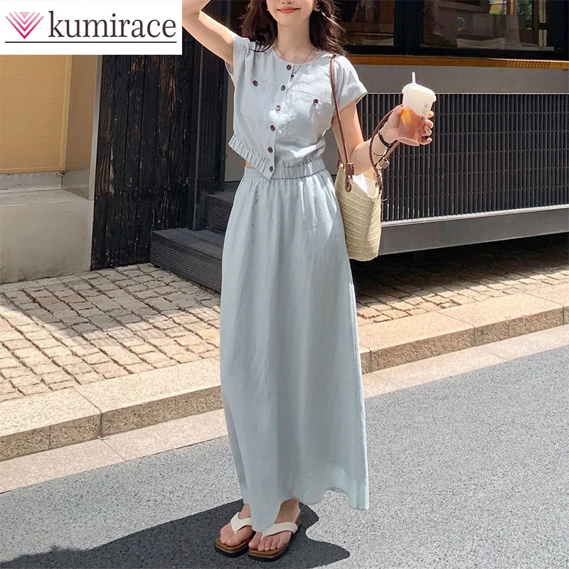 New Korean summer style outfit with a complete set of women's blue round neck short sleeved skirt fashion set
