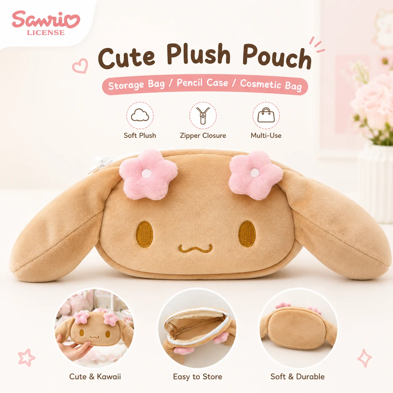 Sanrio Mocha Cinnamoroll Plush Pencil Case Cute Cartoon Makeup Bag Portable Storage Bag School Stationery Cosmetic Coin Purse