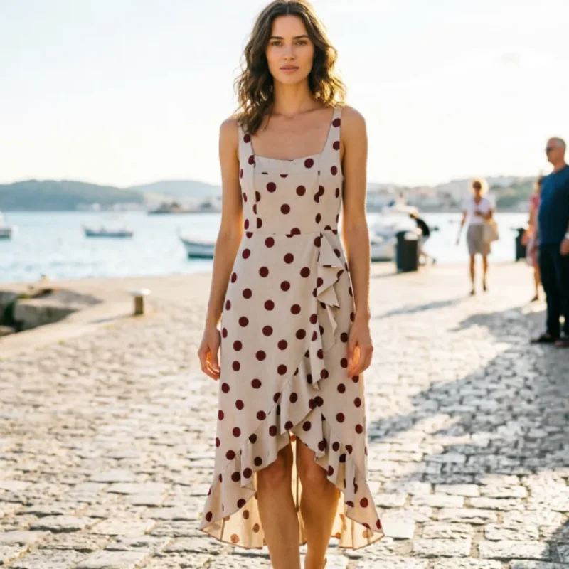 

Women's Dress 2026 Summer New Elegant Chic Waist-Tightening Polka Dot Linen Blend Strap Beach Vacation Seaside Mid-Length Dress