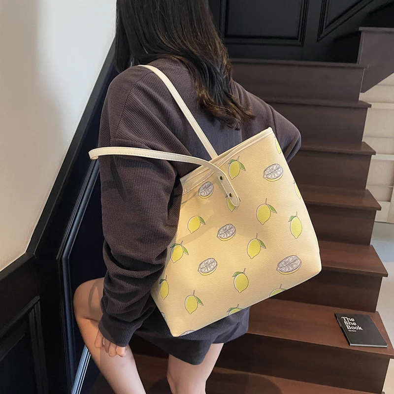Cute Cherry Strawberry Lemon Print Casual Tote Bag Large Capacity Shopping Bag Aesthetic Handbag Grocery Bag for Women
