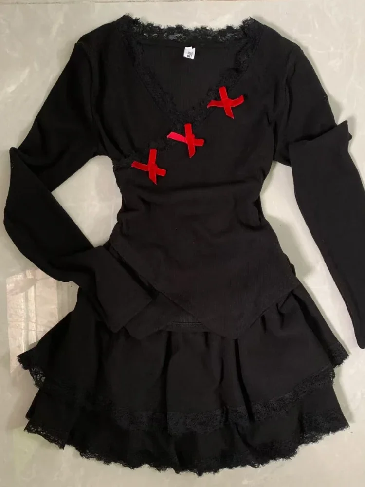 

Sweet elegant V-neck lace 2-piece set Women France chic Slim bow knit Tops Female + black hot chick High waist short skirt suit