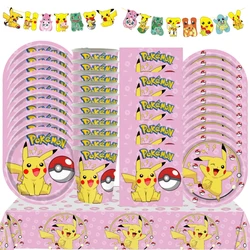 Pink Pokemon Birthday Party Decoration Disposable Tableware Set Pikachu Tablecloth Cup Plate Baby Shower Kids Diy Party Supplies