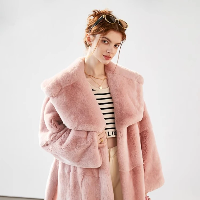YOLANFAIRY Autumn and winter Imported full-length made of rex rabbit Thickened half-open-neck long-sleeved fur coat шуба 2025