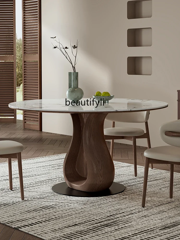 

Nordic solid wood dining table round, home modern simple Italian high-end bright rock slab round dining table C56