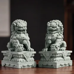 A Pair of Chinese-style Green Sand Stone Lions A Pair of National Fashion Ornaments Fish Tank Landscaping Auspicious Beasts