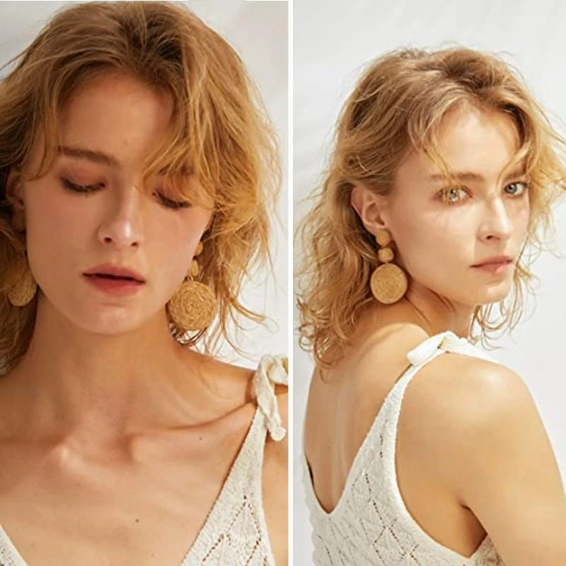 

E56A 1 Pair European and American Bohemian Raffia Earrings Round Multicolor Earrings Summer Beach Holiday Accessories