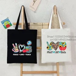 Peace Love Teach Printed Handbags Women Casual Canvas Portable Shoulder Bag Teacher Best Gift Shopping Reusable Storage Tote Bag