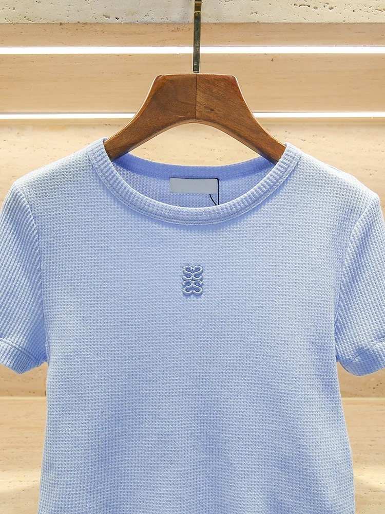 T-shirt maglione lavorato a maglia da donna blu casual versatile Top Premium Quali Cotton ort Sve round Ne Pullover Primavera Autunno