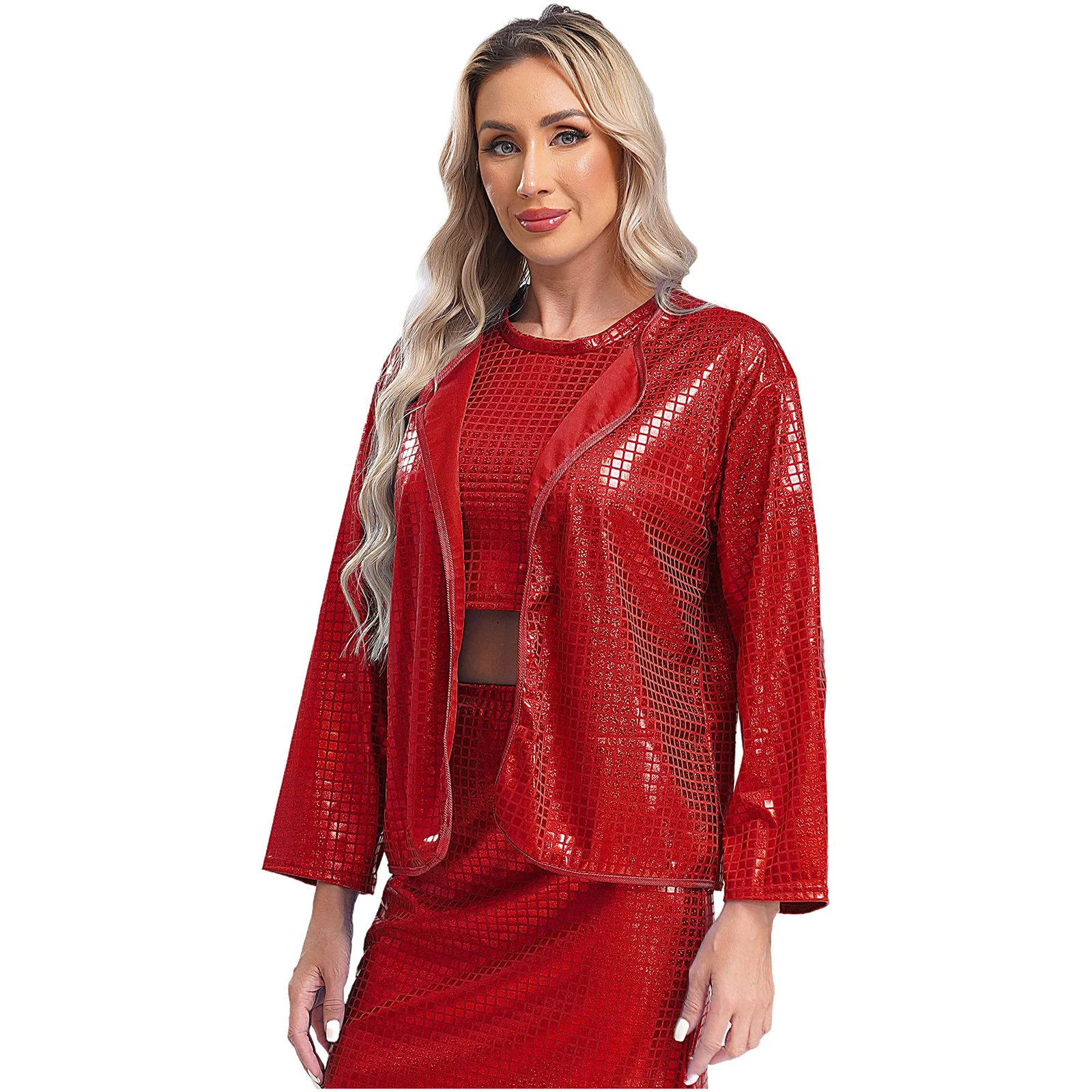 Moda mujer Bolero cuadrado lentejuelas Cardigan abrigo chaquetas Clubwear Disco noche encogimiento de hombros Top carnaval Festival traje de fiesta de noche