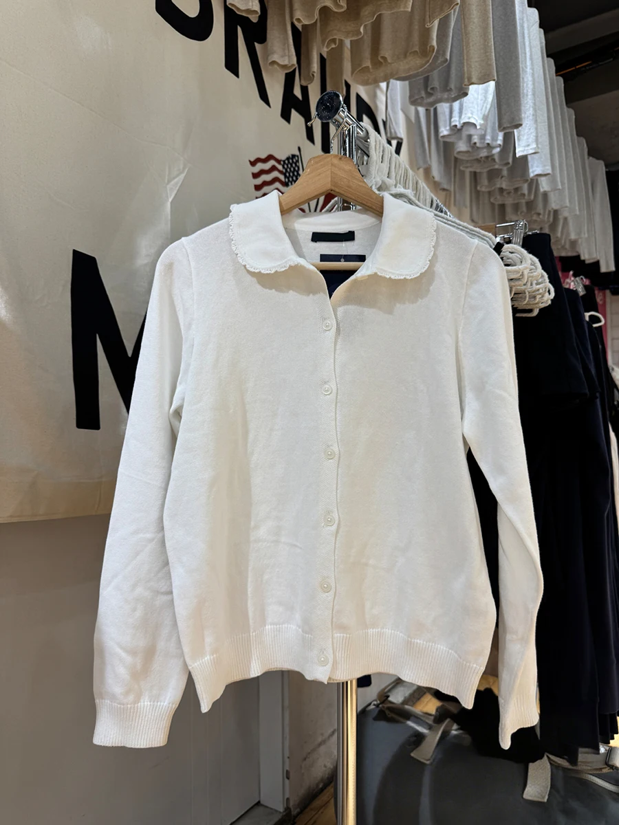Lace Trim White Cardigan Sweater Women Peter Pant Collar Single Breasted Jumper Autumn New Preppy Style Sweet Long Sleeve Tops