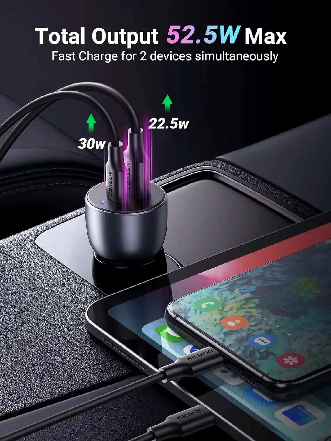 UGREEN USB C Car Charger, 52.5W Type C Car Charger PD 30W&QC 18W, Fast Car Charger Adapter