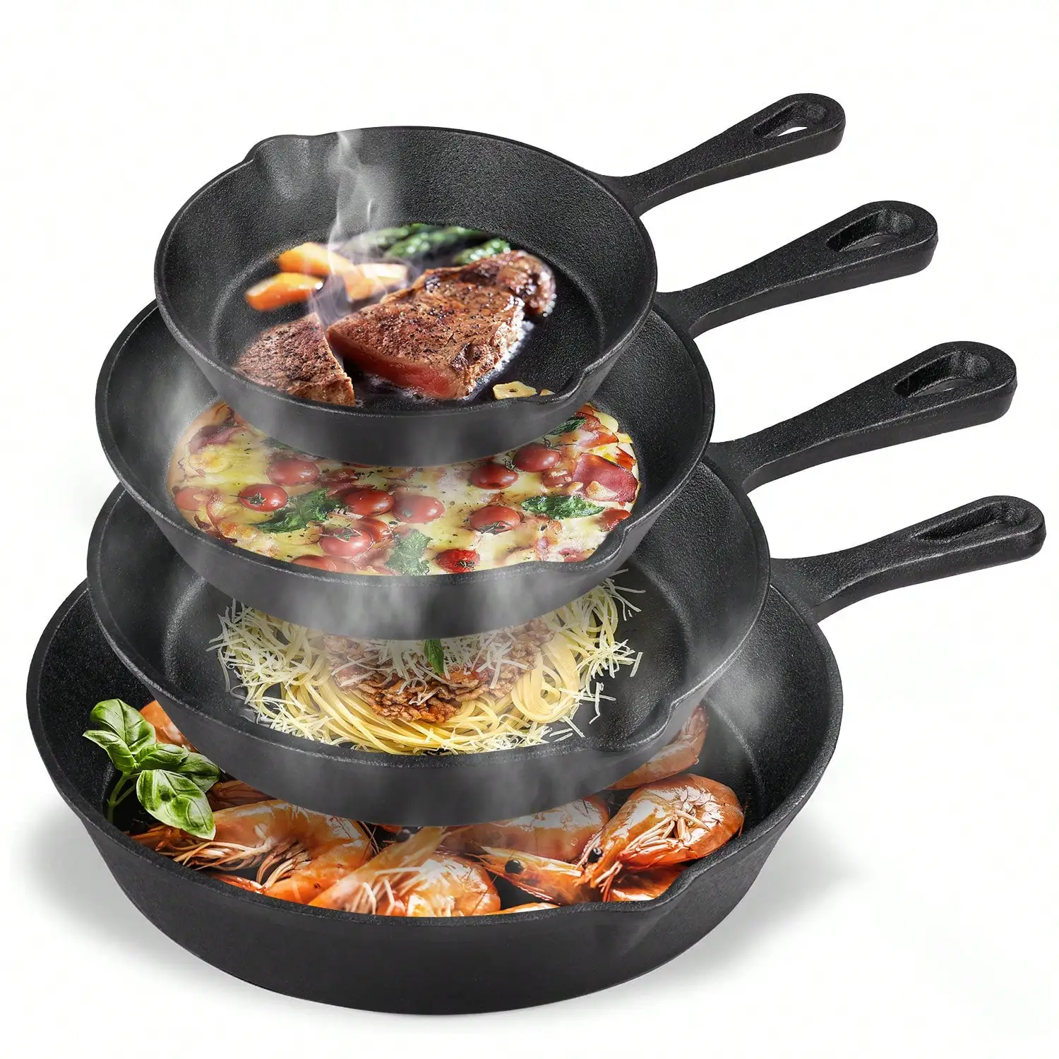 Senmeo 4-Piece Cast Iron Skillet Set - Pre-Seasoned Chef Grade (10