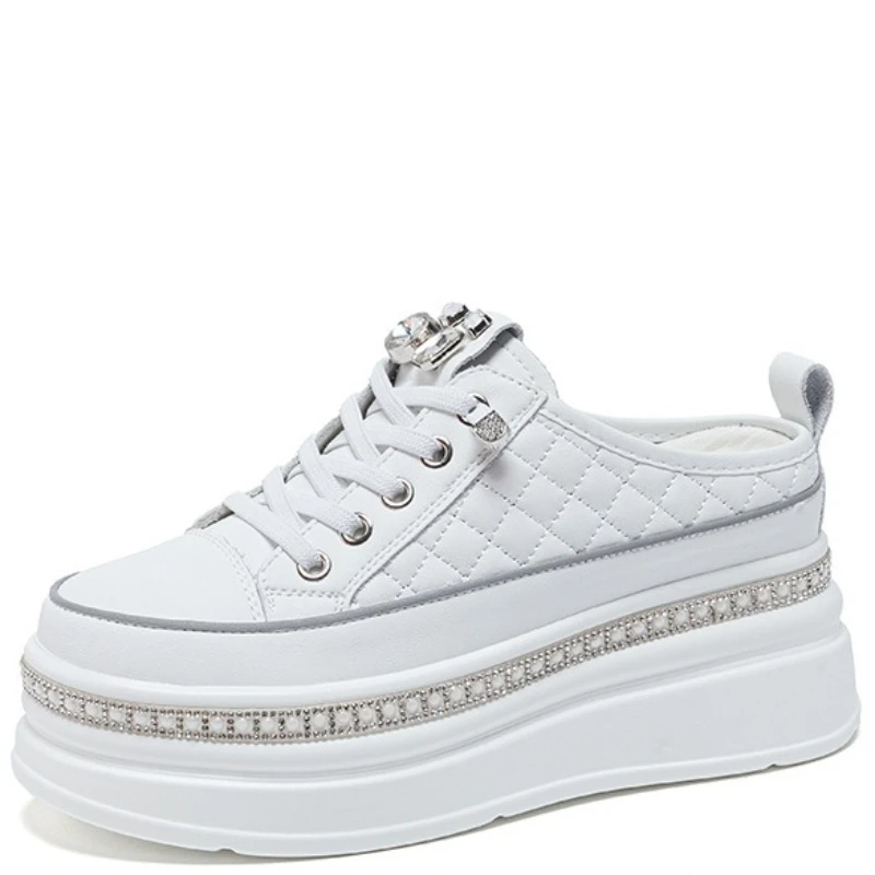 2026Thick Heel Platform Slip-On Pumps Women's Shoes Pearl Diamond Decorated Casual Summer Slippers Round Toe Comfortable Footbed