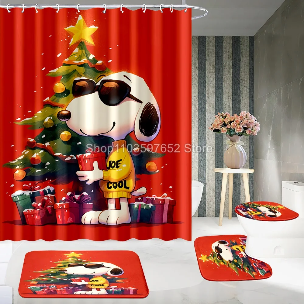 Anime Film Snoopy Various Bath Shower Curtain Set 4pcs with Hooks Cartoon Decor Waterproof Bathroom Toilet Mat Lid