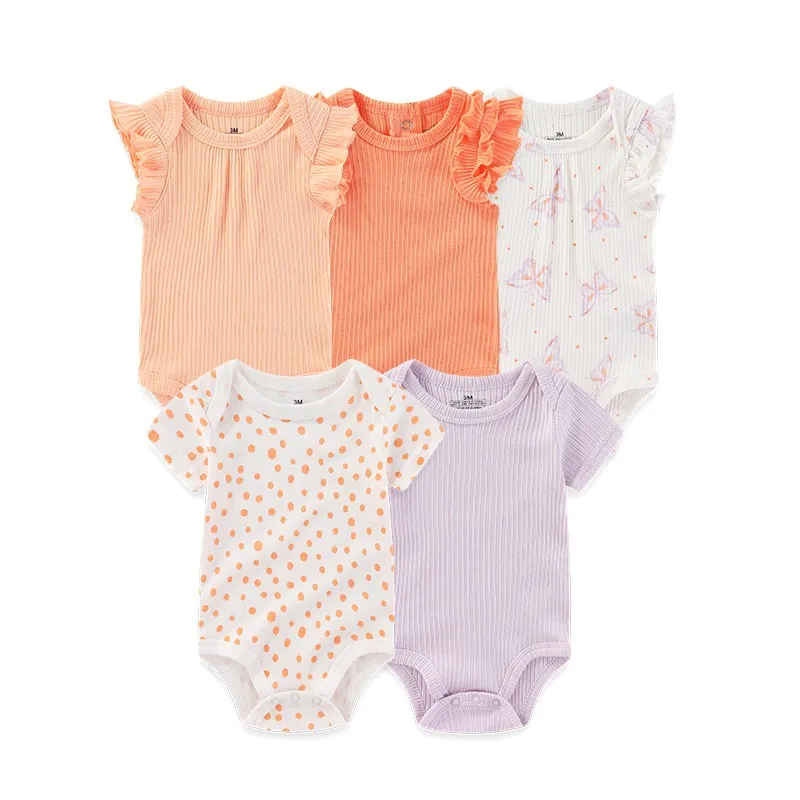 5 Pieces Baby Girl Bodysuits 100%Cotton Short Sleeves Onesies Summer Infant Clothes