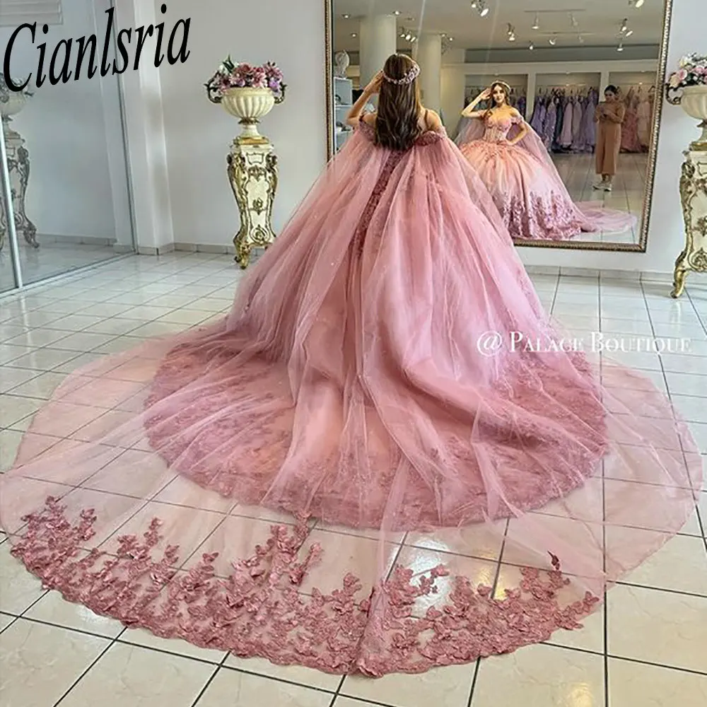 

Розовые аппликации, кружевное бальное платье с бисером, платья Quinceanera с накидкой, корсет с открытыми плечами, Vestidos De XV Anos