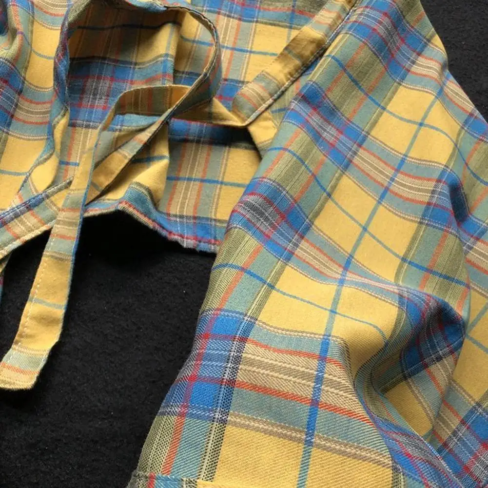 Lässiger Unisex-Rock mit unregelmäßigem Karomuster, Schleifenknoten, elastischer Taille, Hemdstil, blau-weißes Gittermuster, Mini-A-Linien-Kurzrock – Detail 5