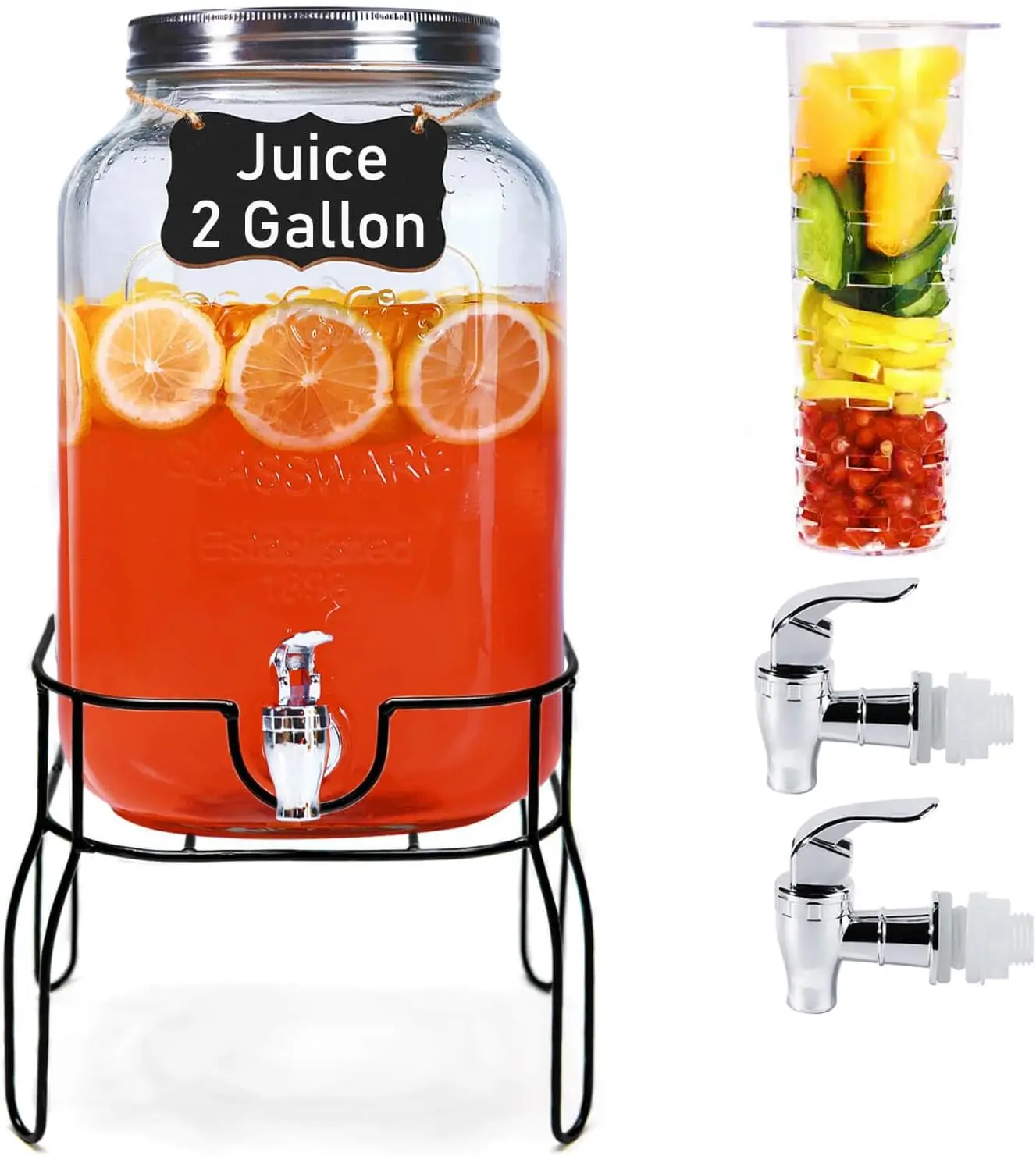 Dispensador de Bebidas de Vidrio de 2 Galones con Soporte y 2 Grifos para Fiestas, Jarra para Té con Infusor de Frutas para Eventos al Aire Libre