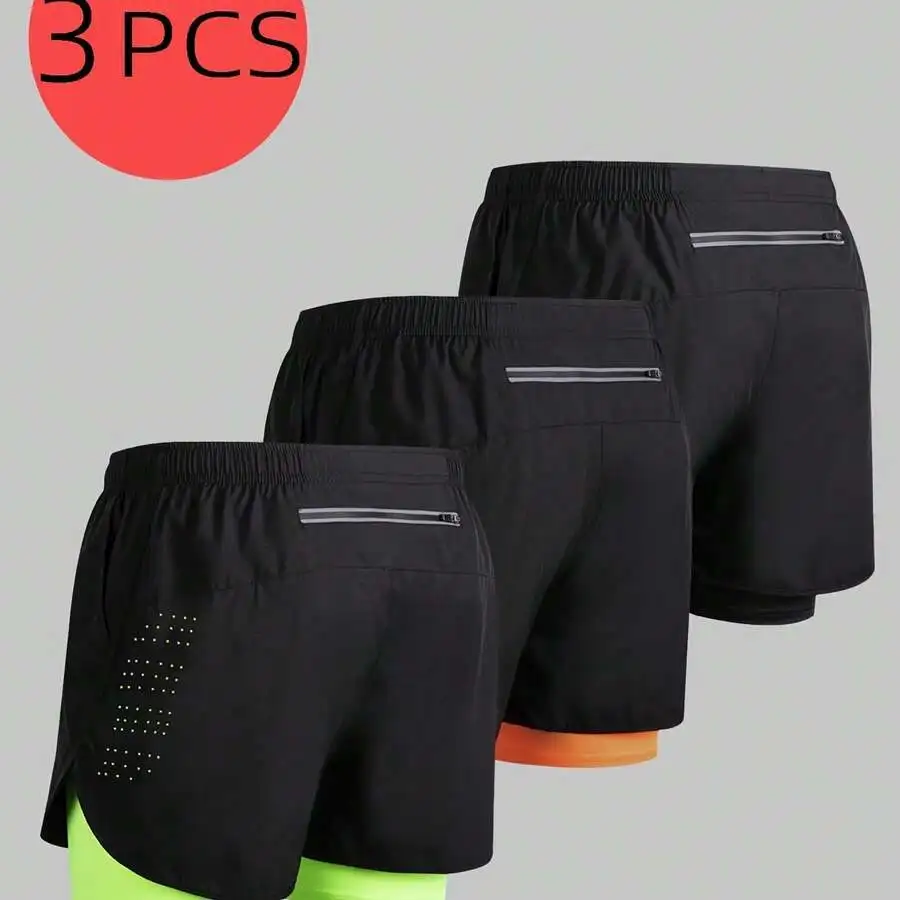 

3pcs Mens 2-In-1 Athletic Shorts With Zippered Pockets Quick Dry Loose Fit For Running Fitness Outdoor Summer