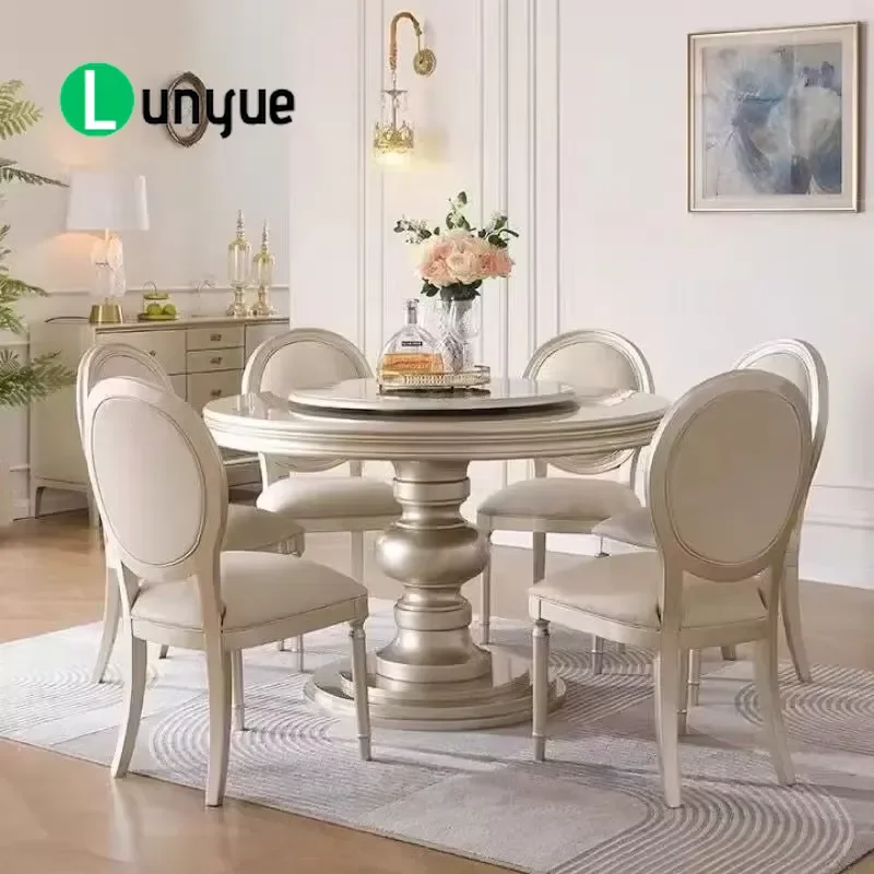 French Champagne Gold Marble Dining Table Luxury Handmade Curved Round Large Villa Apartment Restaurant Furniture