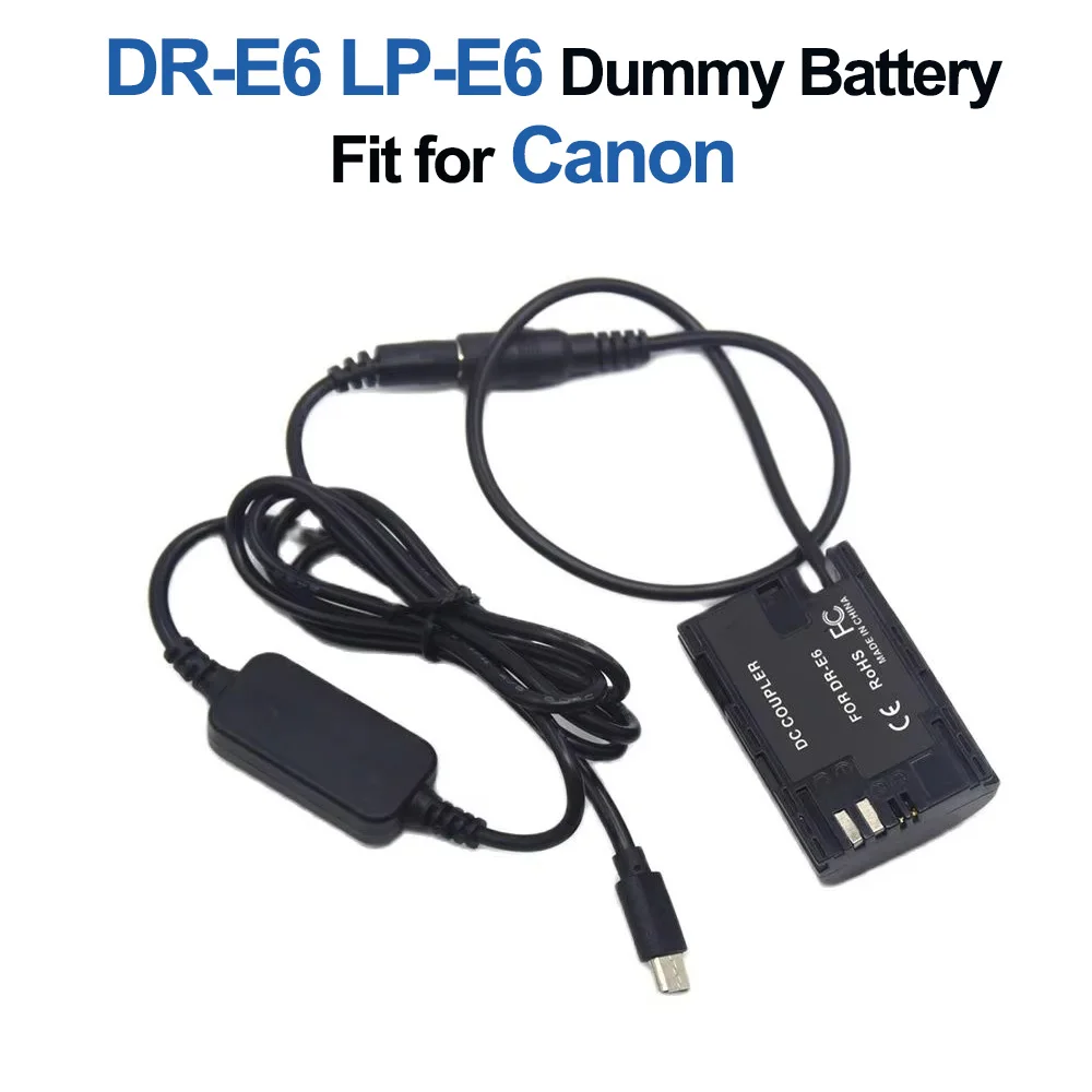 

USB C to DC Cable DR-E6 LP-E6 LC-E6E Dummy Battery Full Decoded Fit for Canon EOS 60D 70D 80D 90D 5DS Mark IV III 5D4 5D3 R5 R6