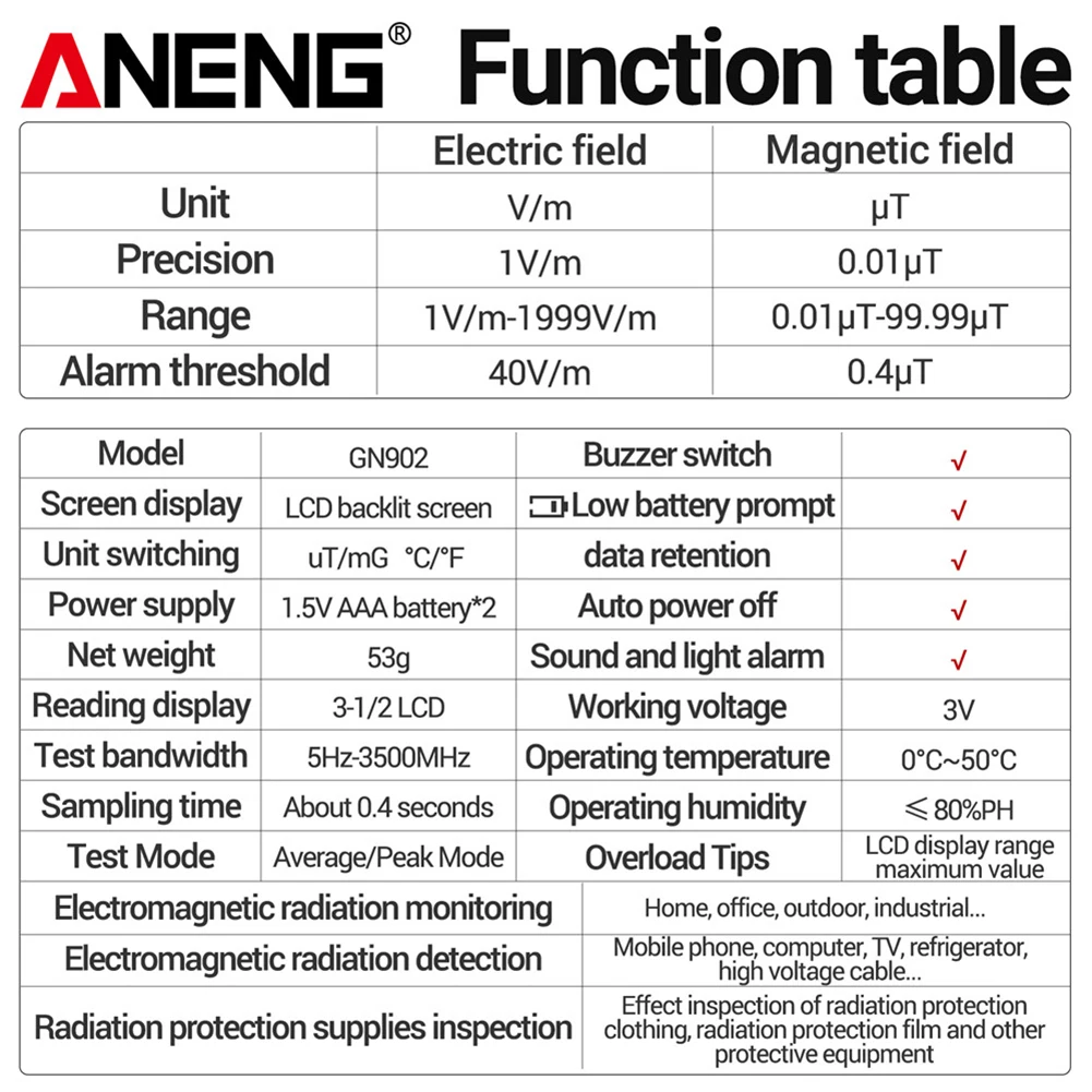 كاشف الإشعاع الكهرومغناطيسي الرقمي شاشة LCD الخلفية محلل الإشعاع المغناطيسي إنذار ضوء الصوت EMF متر للمنزل