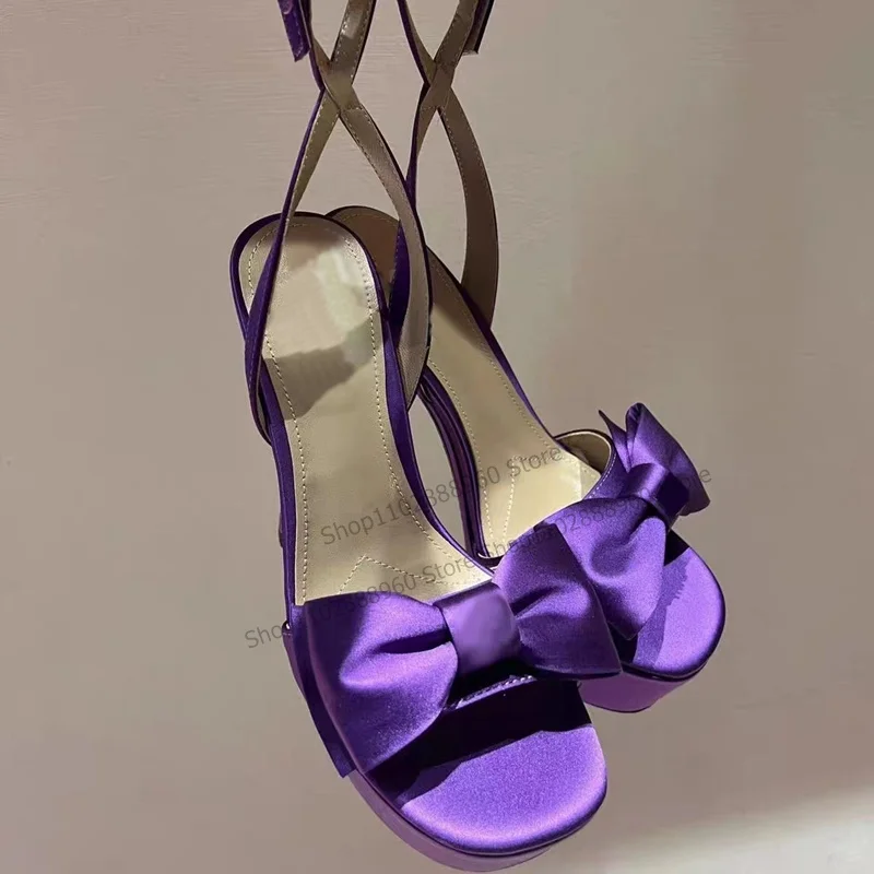 

Purple Silk Platform Bow Knot Decor Sandals Chunky High Heel Shoes for Women Ankle Buckle Strap Open Toe Sexy Zapatillas Mujer