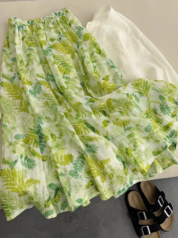 

Зеленая женская юбка миди А-силуэта из хлопковой марли с вышивкой, на резинке, для лета, путешествий и повседневной носки