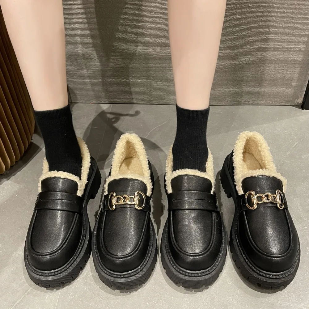 

Amy and Michael Cute Girls Uniform Chunky Princess Shoes Female Women Brown Platform Pumps Retro Loafers Winter Warm Plush Shoes
