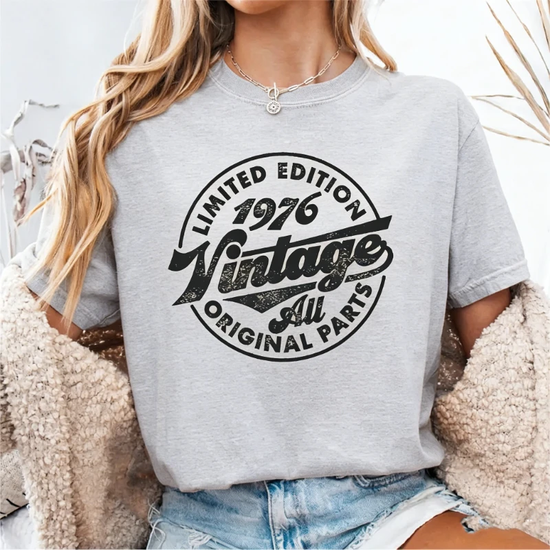 

Vintage 1976 Unisex Tee Funny 49th Birthday Gift Nostalgia Style Printed T-shirt Tops High Quality Cotton Crewneck Short-sleev