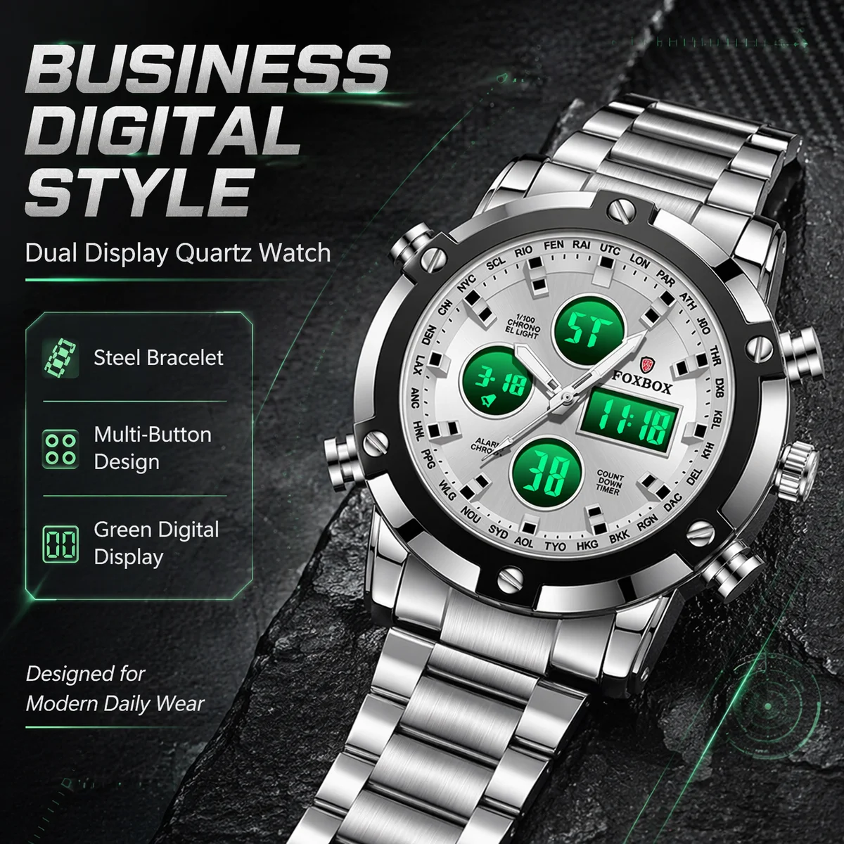 FOXBOX watches for men 2026 alarm clock date chronograph dual display quartz male watch luminous casual fashion mens wristwatch