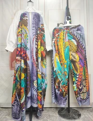 Avrupa moda sonbahar 2023 Boho baskılı kadın ipek baskılı iki adet Set artı boyutu afrika Blogger uzun pantolon + hırka