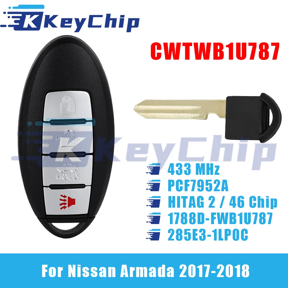 KeyChip Pro For Nissan Armada 2017-2018 3+1 Buttons Smart Key 433 MHz PCF7952A  / HITAG 2 / 46 Chip CWTWB1U787 1788D-FWB1U787