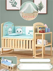 Pine Wood Baby Crib With 4 Wheels, Half Combine With Adult Bed, No Paint Baby Bed, Can Extend To 150cm Length Baby Cot