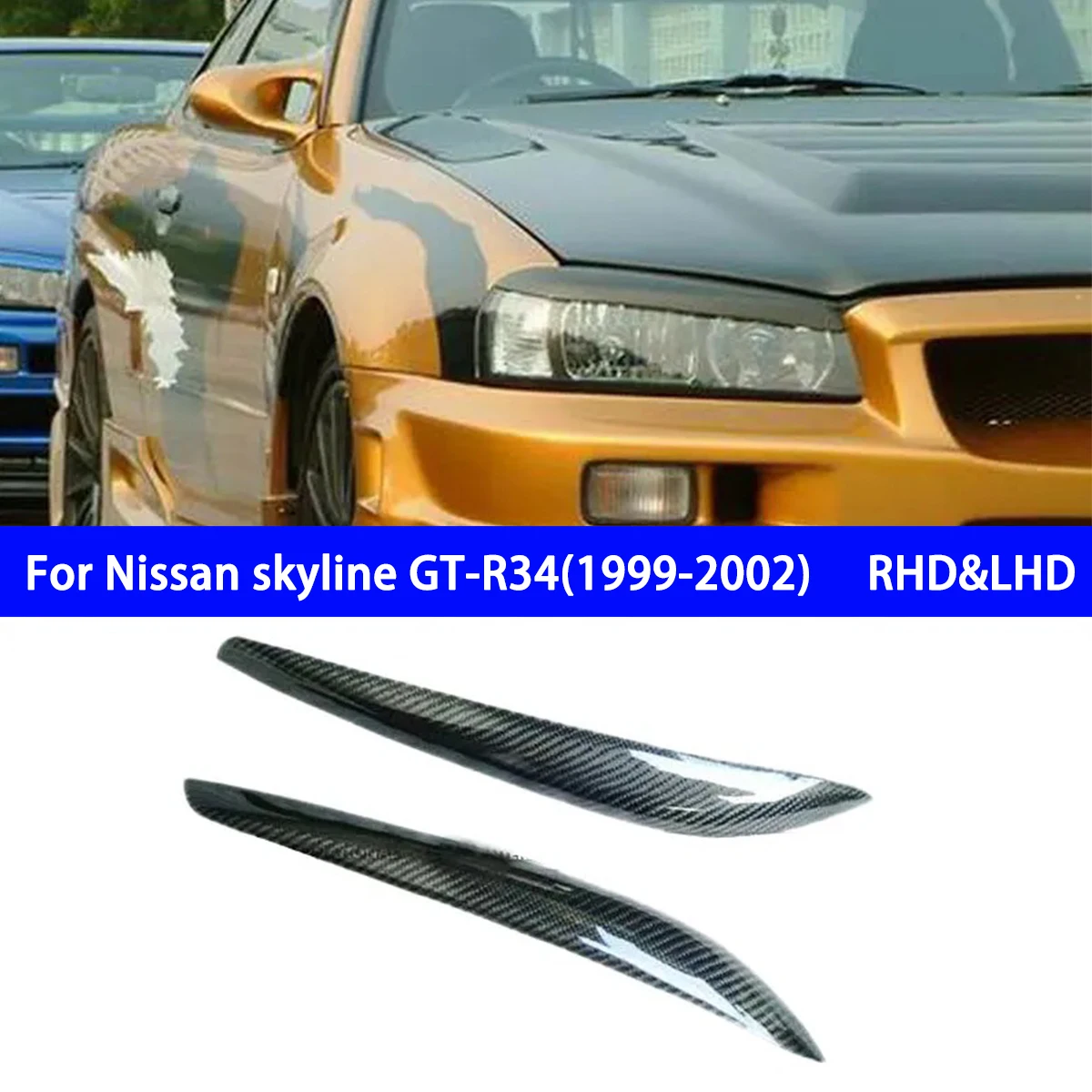 For Nissan Skyline R34 2009-2002 GTR Real Carbon Fiber Car Accesorries Lamp Eyebrow&mirror Housing&front Bumper Wind Knife For