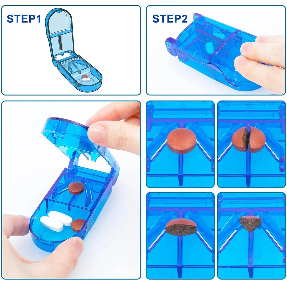 Cortador de pastillas de 1 piezas con escudo de seguridad, corta píldoras y vitaminas de forma segura, divisor de píldoras, protector de cuchillas