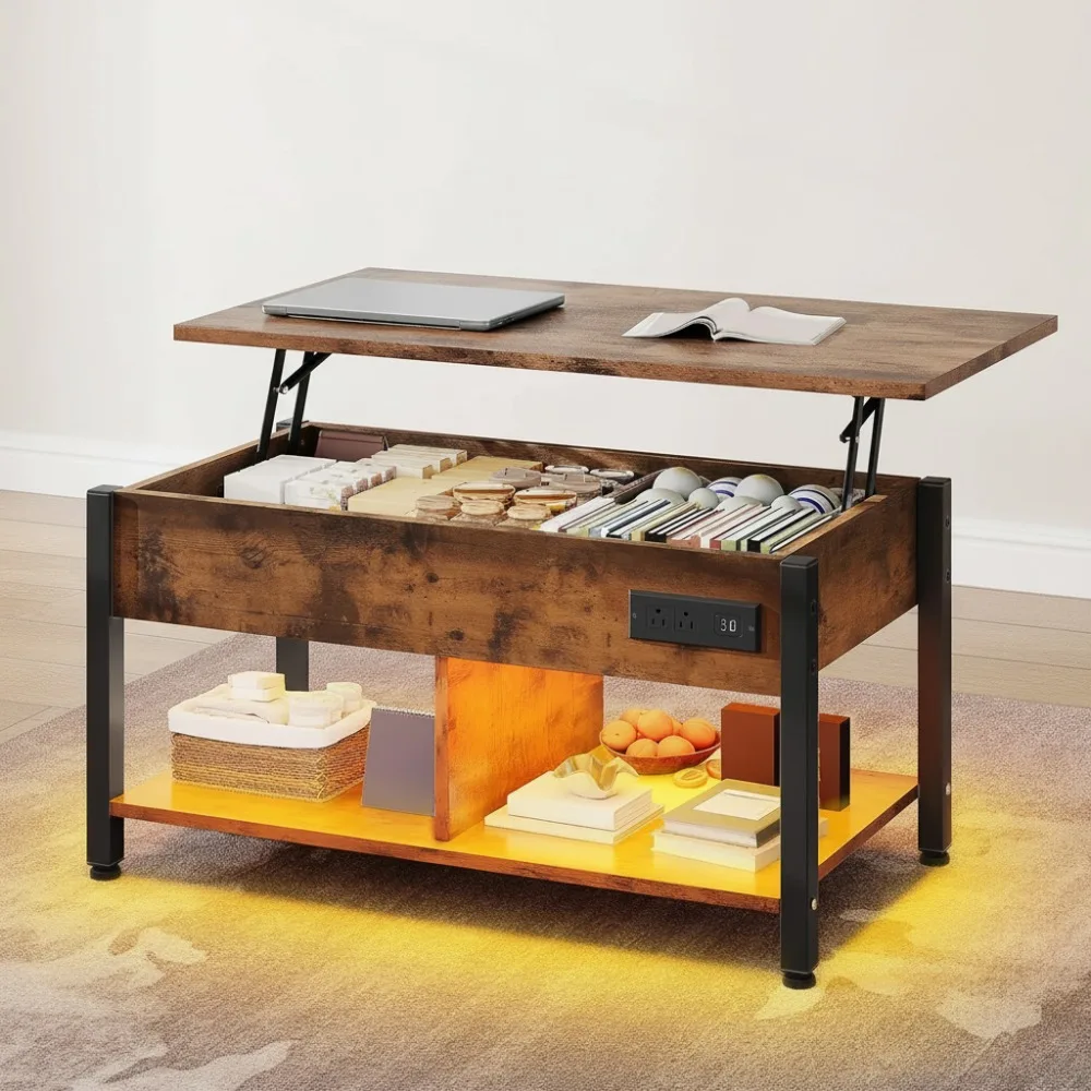 

Журнальный столик 3-в-1 с подъемным верхом и RGB-подсветкой, розетками и хранилищем — регулируемая высота для гостиной, домашнего офиса