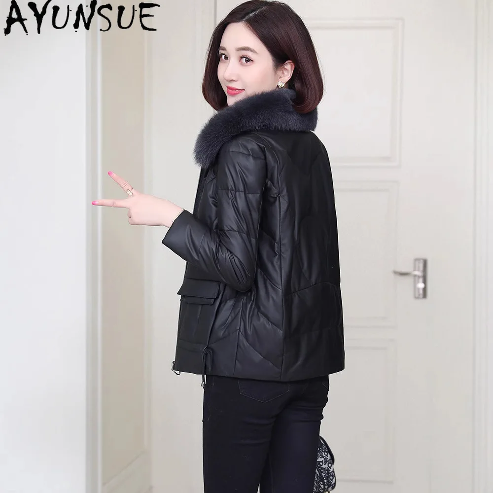 AYUNSUE 양피 정품 가죽 자켓 여성 90% 화이트 오리 다운 코트 여성 의류 겨울 따뜻한 여우 모피 CollarJaqueta Couro