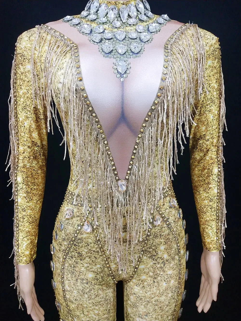 الذهب الراين شرابة طويلة الأكمام بذلة للنساء ضيق يوتار أداء الرقص زي المغني صورة عرض المرحلة ارتداء