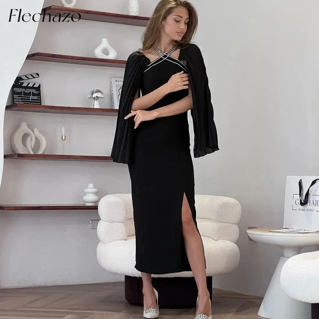 

Flechazo Vintage Black Satin Evening Dresses Sleeveless Halter Beadings Ankle Length Formal Party Evening Dresses For Women 2024