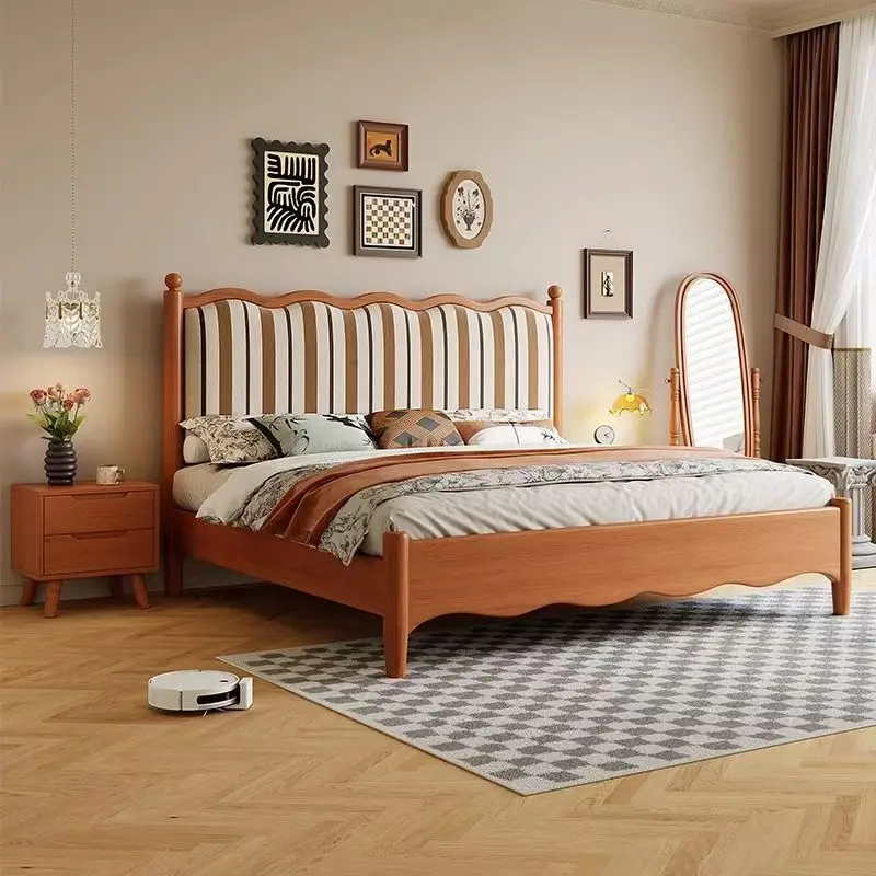 &*Classic Modern French Style Solid Wood King Bed Home Bedroom Furniture with Soft Comfortable Features