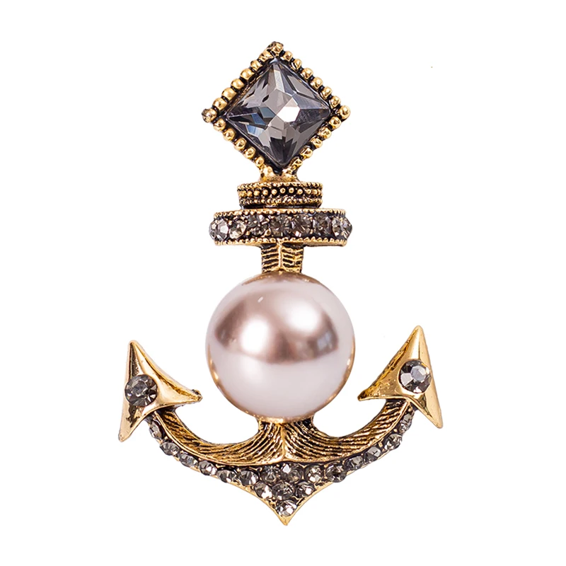 EASYA Classic Vintage Sailboat Anchor Shaped Brooch Inlaid Rhinestone Crystal Pearl Elegant Woman Chest Decoration Jewelry