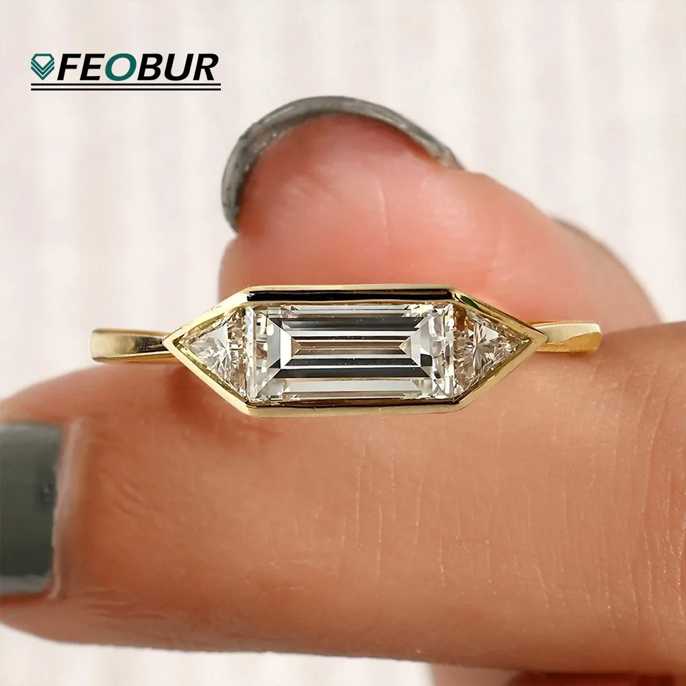 

FEOBUR 1.2ct East West Moissanite Ring S925 Silver Baguette Cut Three Stone Engagement Wedding Band for Women Minimalist Jewelry