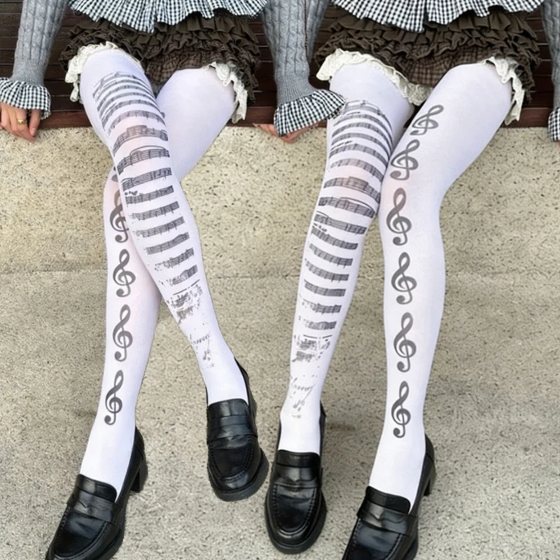 

Punk Gothic Music Note Print Pantyhose Tights Y2K Subculture Girls Elastic Leggings Women Fashion Sexy Black White Sexy Stocking