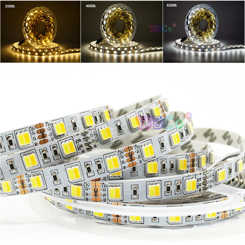 Fita de luz LED flexível, branco e branco quente LED Strip, Lamp Bar, SMD 5050, PCB, 2 em 1, 12V, 24V, 5m, 60LEDs, M, IP20, IP65, 10 milímetros